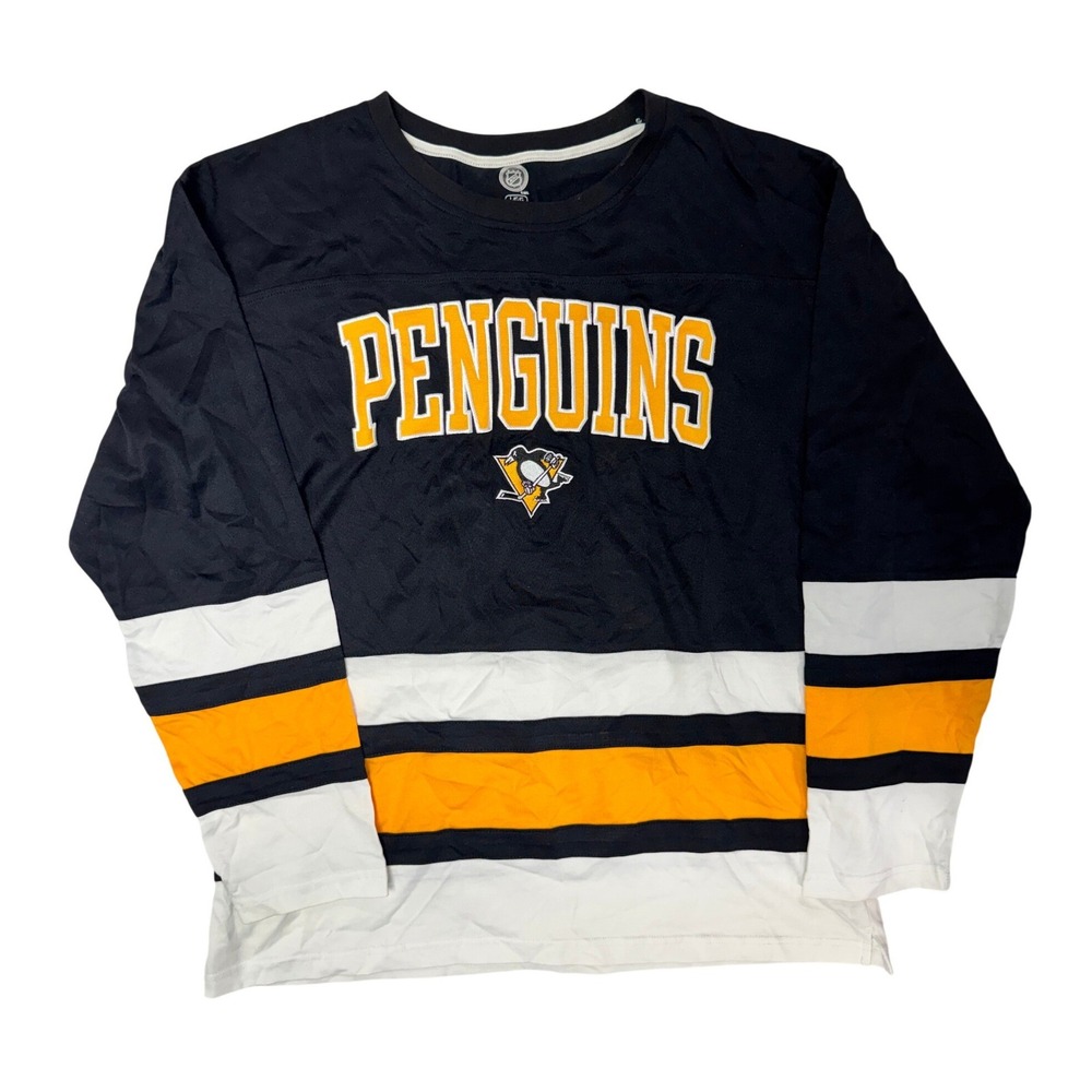NHL Pittsburgh Penguins Mens Large Long Sleeve Shirt Stitched Logo Black Gold